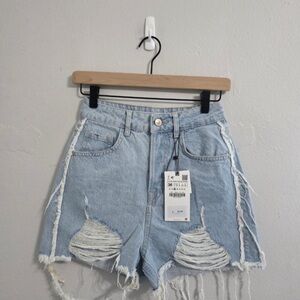 Zara Light Blue Ripped Jean Shorts